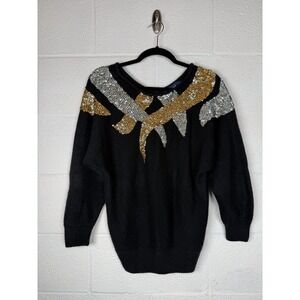 Vtg 80s Le Chois Black Silk Angora Sequin Holiday Sweater M Gold Silver Glam